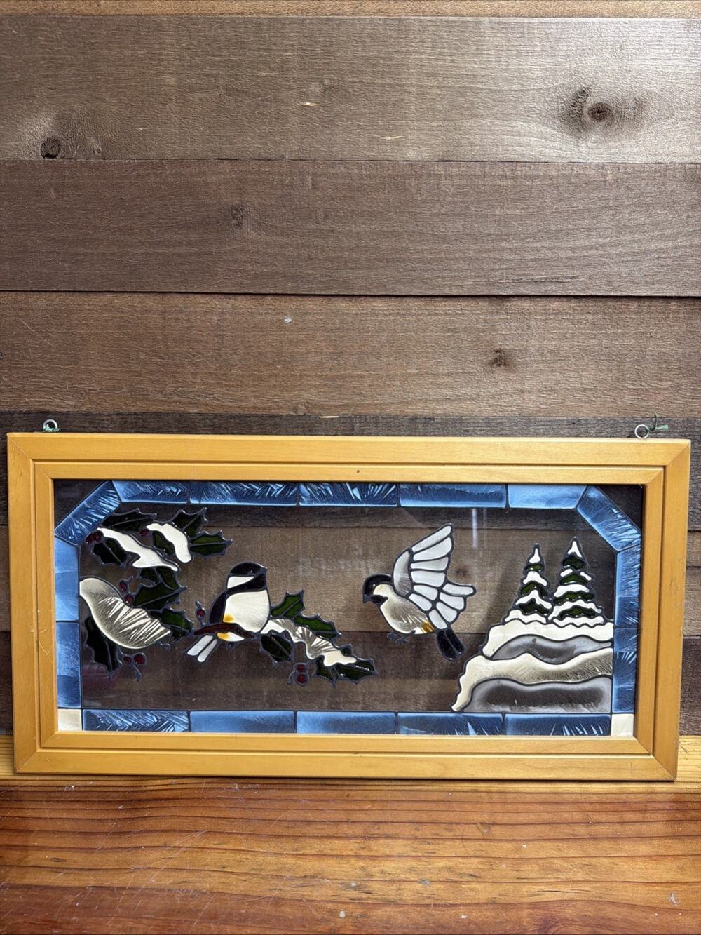 Stained Glass Window Panel Chickadee Birds Holly Winter Snow Christmas 22x11